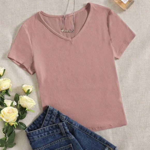 SHEIN EZwear V Neck Rib Knit Solid Pink Tee size Small Summer Spring - Picture 1 of 7